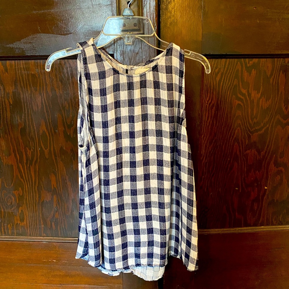 Breezy gingham woven sleeveless summer top with button neck comfy and cute!